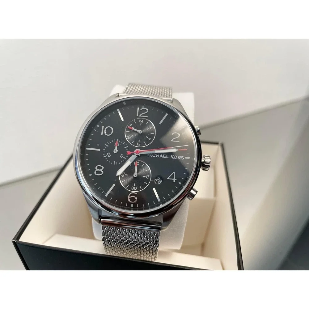 Michael Kors Gage Chronograph Black Dial Silver Mesh‎ Bracelet Mens Watch MK8827